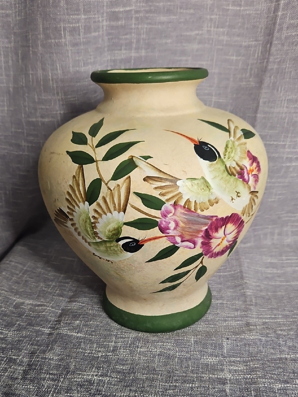 Hand-Painted Floral & Hummingbird Ceramic Vase - Cream & Green